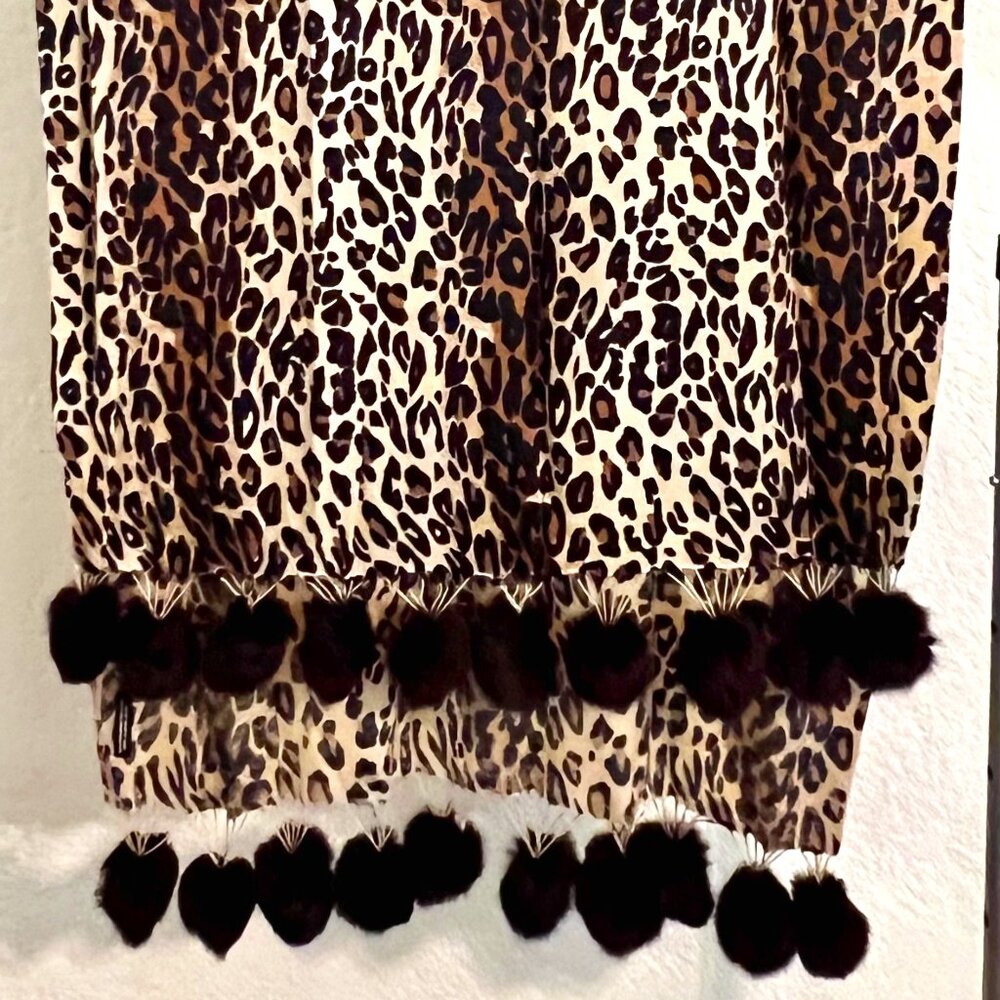 Animal Print Scarf with Fur Pom-poms